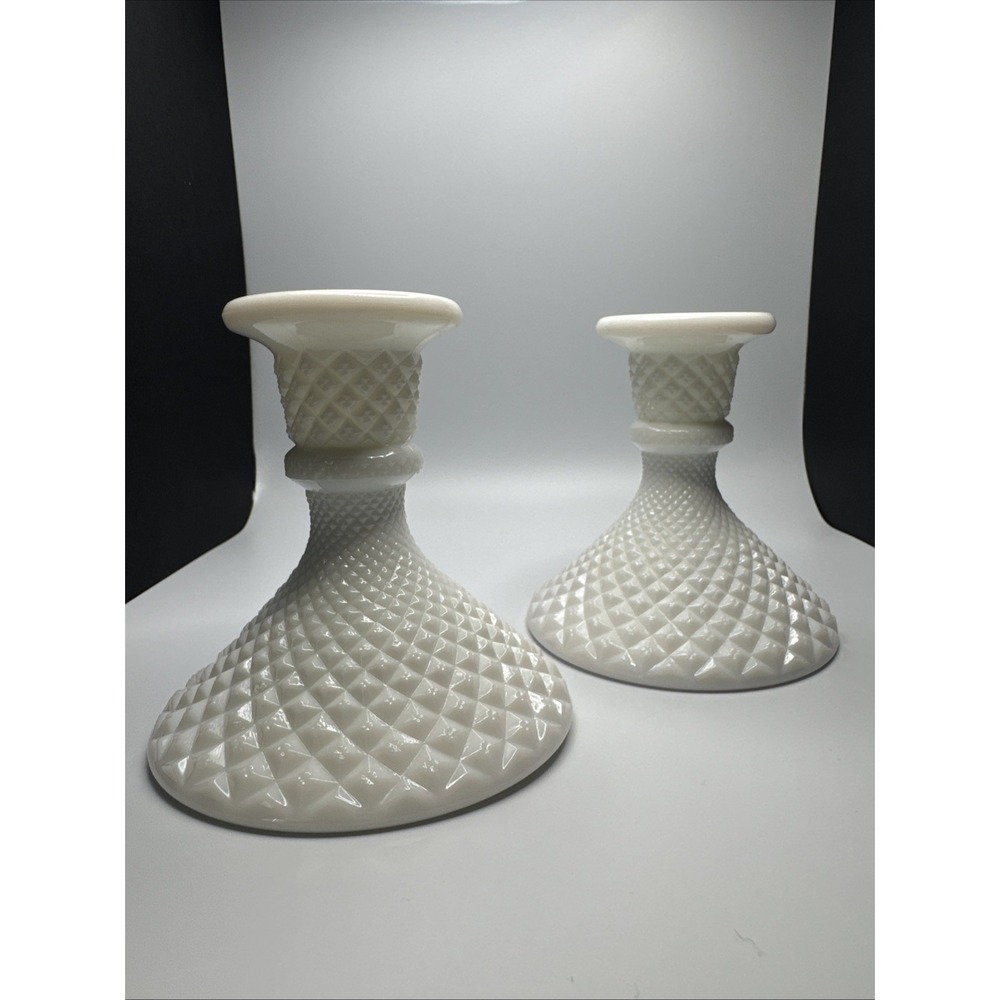Vintage Westmoreland Milk Glass Diamond Quilt Pattern Candlestick Holder Pair